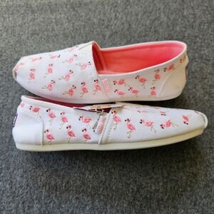 New! BOBS Skechers Flamingo Slip On Textile Size 7 White Pink Embroidered Flats